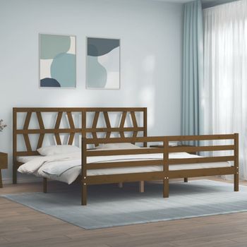 Cama Matrimonial | Cama Para Adultos | Estructura Cama Y Cabecero Madera Maciza Marrón Miel 200x200 Cm Cfw894649