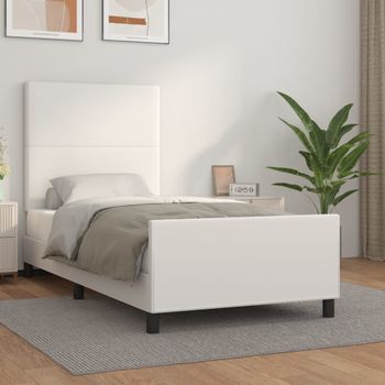 Cama Individual | Cama Para Adultos | Estructura De Cama Cabecero Cuero Sintético Blanco 100x200 Cm Cfw182255