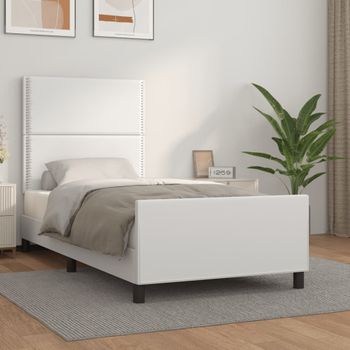 Cama Individual | Cama Para Adultos | Estructura De Cama Cabecero Cuero Sintético Blanco 100x200 Cm Cfw331124