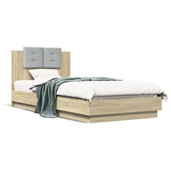 Cama Para Adulto | Cama Individual | Estructura De Cama Cabecero Luces Led Roble Sonoma 90x200 Cm Cfw290483