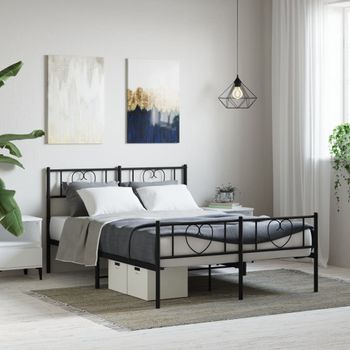 Cama Matrimonial | Cama Para Adultos | Estructura De Cama Cabecero Y Pie De Cama Metal Negro 135x190cm Cfw814106