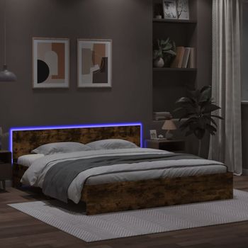 Cama Matrimonial | Cama Para Adultos | Estructura De Cama Cabecero Y Luces Led Roble Ahumado 180x200cm Cfw942442