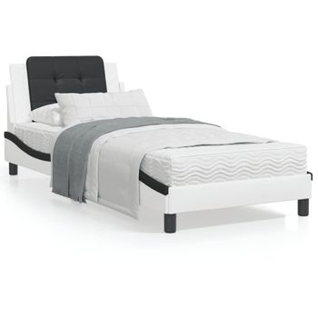 Cama Individual | Cama Para Adultos | Estructura De Cama Con Cabecero Cuero Sintético Blanco Y Negro Cfw84417