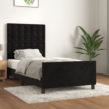 Cama Individual | Cama Para Adultos | Estructura De Cama Con Cabecero De Terciopelo Negro 80x200 Cm Cfw46471