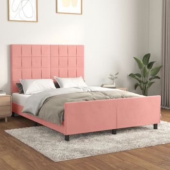 Cama Matrimonial | Cama Para Adultos | Estructura De Cama Con Cabecero De Terciopelo Rosa 140x200 Cm Cfw77370