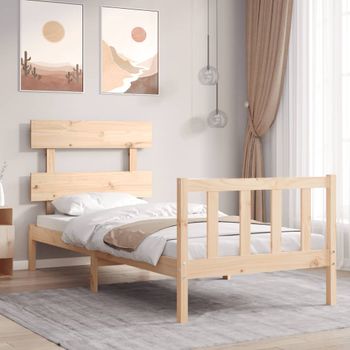 Cama Individual | Cama Para Adultos | Estructura De Cama Con Cabecero Madera Maciza Cfw779255