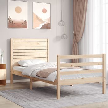 Cama Individual | Cama Para Adultos | Estructura De Cama Individual Con Cabecero Madera Maciza Cfw848066