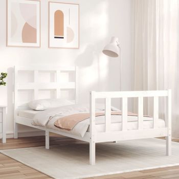 Cama Individual | Cama Para Adultos | Estructura De Cama Con Cabecero Madera Maciza Blanco Cfw927629