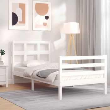 Cama Individual | Cama Para Adultos | Estructura De Cama Con Cabecero Madera Maciza Blanco Cfw937112