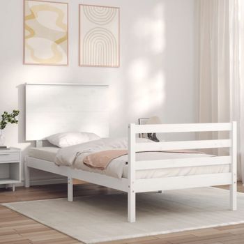 Cama Individual | Cama Para Adultos | Estructura De Cama Con Cabecero Madera Maciza Blanco Cfw870854