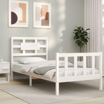 Cama Individual | Cama Para Adultos | Estructura De Cama Con Cabecero Madera Maciza Blanco Cfw158363