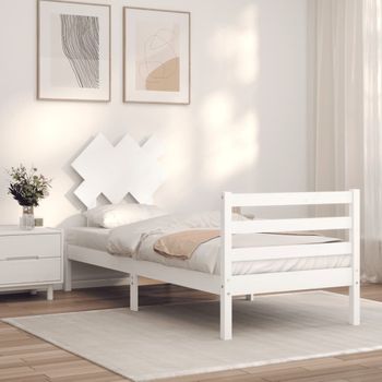 Cama Individual | Cama Para Adultos | Estructura De Cama Con Cabecero Madera Maciza Blanco Cfw812701