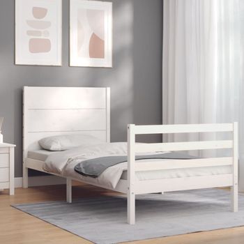 Cama Individual | Cama Para Adultos | Estructura De Cama Con Cabecero Madera Maciza Blanco 100x200 Cm Cfw440067