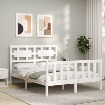 Cama Matrimonial | Cama Para Adultos | Estructura De Cama Con Cabecero Madera Maciza Blanco 140x190 Cm Cfw728500