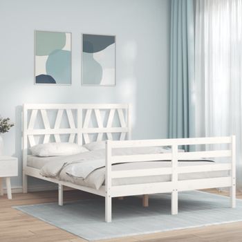 Cama Matrimonial | Cama Para Adultos | Estructura De Cama Con Cabecero Madera Maciza Blanco 140x190 Cm Cfw798426