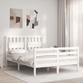 Cama Matrimonial | Cama Para Adultos | Estructura De Cama Con Cabecero Madera Maciza Blanco 140x190 Cm Cfw181525