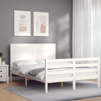 Cama Matrimonial | Cama Para Adultos | Estructura De Cama Con Cabecero Madera Maciza Blanco 140x190 Cm Cfw263596