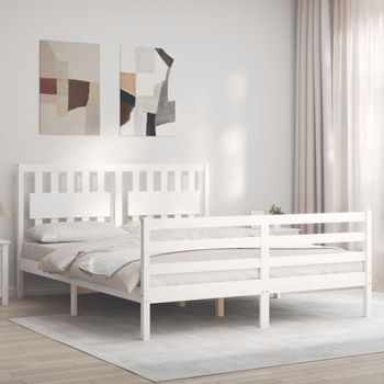 Cama Matrimonial | Cama Para Adultos | Estructura De Cama Con Cabecero Madera Maciza Blanco 160x200 Cm Cfw617288