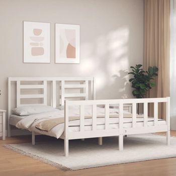 Cama Matrimonial | Cama Para Adultos | Estructura De Cama Con Cabecero Madera Maciza Blanco 160x200 Cm Cfw961330