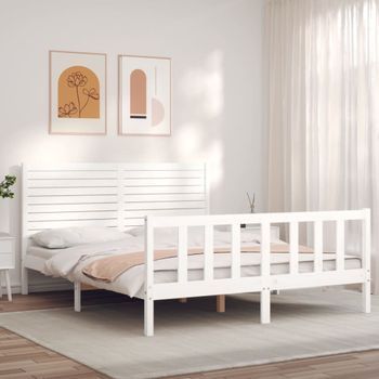 Cama Matrimonial | Cama Para Adultos | Estructura De Cama Con Cabecero Madera Maciza Blanco 160x200 Cm Cfw543117