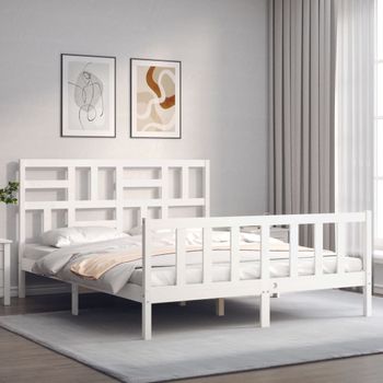 Cama Matrimonial | Cama Para Adultos | Estructura De Cama Con Cabecero Madera Maciza Blanco 160x200 Cm Cfw224949