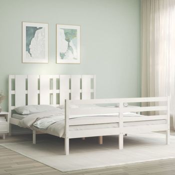 Cama Matrimonial | Cama Para Adultos | Estructura De Cama Con Cabecero Madera Maciza Blanco 160x200 Cm Cfw897460