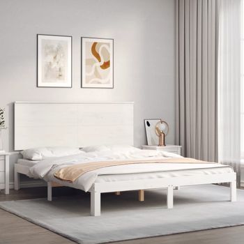 Cama Matrimonial | Cama Para Adultos | Estructura De Cama Con Cabecero Madera Maciza Blanco 160x200 Cm Cfw550901