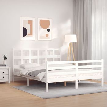 Cama Matrimonial | Cama Para Adultos | Estructura De Cama Con Cabecero Madera Maciza Blanco 160x200 Cm Cfw499544