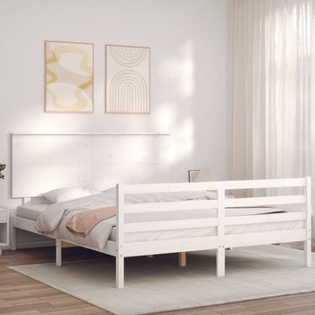 Cama Matrimonial | Cama Para Adultos | Estructura De Cama Con Cabecero Madera Maciza Blanco 160x200 Cm Cfw435020