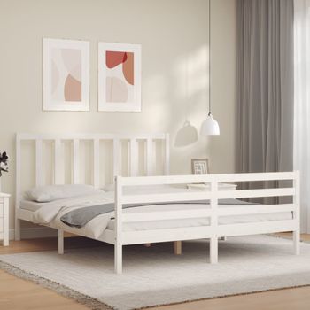 Cama Matrimonial | Cama Para Adultos | Estructura De Cama Con Cabecero Madera Maciza Blanco 160x200 Cm Cfw530230