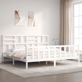 Cama Matrimonial | Cama Para Adultos | Estructura De Cama Con Cabecero Madera Maciza Blanco 200x200 Cm Cfw604813