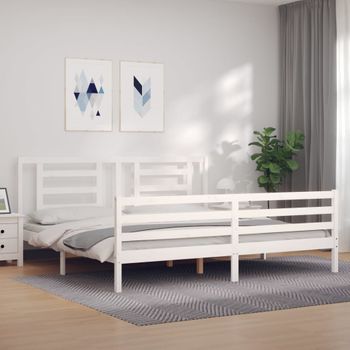 Cama Matrimonial | Cama Para Adultos | Estructura De Cama Con Cabecero Madera Maciza Blanco 200x200 Cm Cfw460150