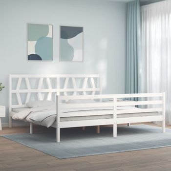 Cama Matrimonial | Cama Para Adultos | Estructura De Cama Con Cabecero Madera Maciza Blanco 200x200 Cm Cfw825789