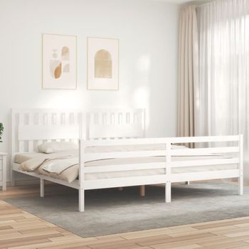 Cama Matrimonial | Cama Para Adultos | Estructura De Cama Con Cabecero Madera Maciza Blanco 200x200 Cm Cfw431463