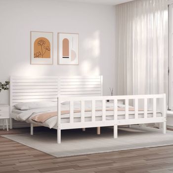 Cama Matrimonial | Cama Para Adultos | Estructura De Cama Con Cabecero Madera Maciza Blanco 200x200 Cm Cfw199592