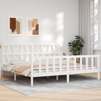 Cama Matrimonial | Cama Para Adultos | Estructura De Cama Con Cabecero Madera Maciza Blanco 200x200 Cm Cfw641213