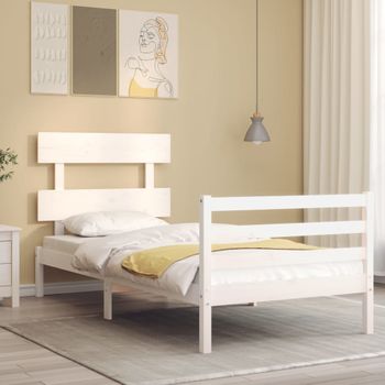 Cama Individual | Cama Para Adultos | Estructura De Cama Con Cabecero Madera Maciza Blanco 90x200 Cm Cfw325769