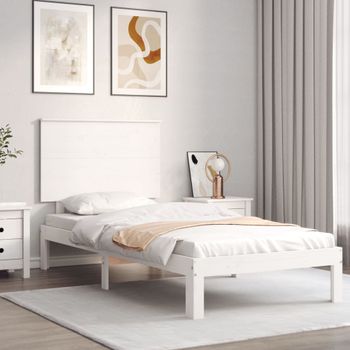 Cama Individual | Cama Para Adultos | Estructura De Cama Con Cabecero Madera Maciza Blanco 90x200 Cm Cfw543762