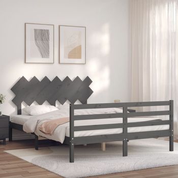 Cama Matrimonial | Cama Para Adultos | Estructura De Cama Con Cabecero Madera Maciza Gris 140x190 Cm Cfw256475