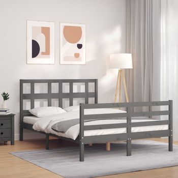 Cama Matrimonial | Cama Para Adultos | Estructura De Cama Con Cabecero Madera Maciza Gris 140x190 Cm Cfw899919