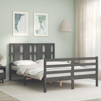 Cama Matrimonial | Cama Para Adultos | Estructura De Cama Con Cabecero Madera Maciza Gris 140x190 Cm Cfw595339