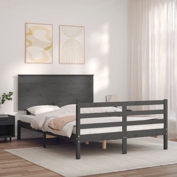 Cama Matrimonial | Cama Para Adultos | Estructura De Cama Con Cabecero Madera Maciza Gris 140x190 Cm Cfw916315