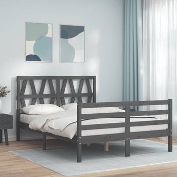 Cama Matrimonial | Cama Para Adultos | Estructura De Cama Con Cabecero Madera Maciza Gris 140x190 Cm Cfw896056