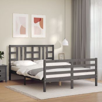 Cama Matrimonial | Cama Para Adultos | Estructura De Cama Con Cabecero Madera Maciza Gris 140x190 Cm Cfw613305