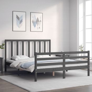 Cama Matrimonial | Cama Para Adultos | Estructura De Cama Con Cabecero Madera Maciza Gris 160x200 Cm Cfw560288