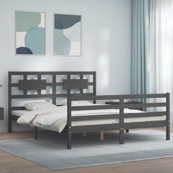 Cama Matrimonial | Cama Para Adultos | Estructura De Cama Con Cabecero Madera Maciza Gris 160x200 Cm Cfw139490