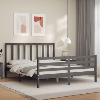 Cama Matrimonial | Cama Para Adultos | Estructura De Cama Con Cabecero Madera Maciza Gris 160x200 Cm Cfw214074