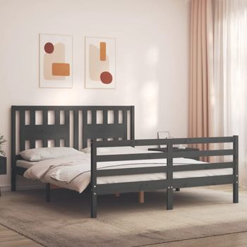 Cama Matrimonial | Cama Para Adultos | Estructura De Cama Con Cabecero Madera Maciza Gris 160x200 Cm Cfw981704