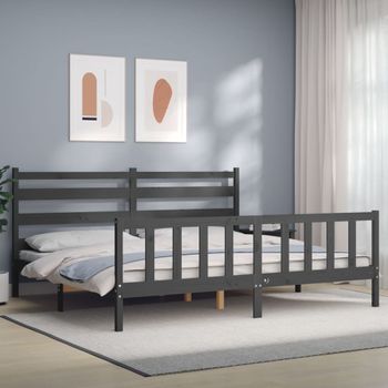 Cama Matrimonial | Cama Para Adultos | Estructura De Cama Con Cabecero Madera Maciza Gris 200x200 Cm Cfw515054