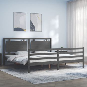 Cama Matrimonial | Cama Para Adultos | Estructura De Cama Con Cabecero Madera Maciza Gris 200x200 Cm Cfw457903